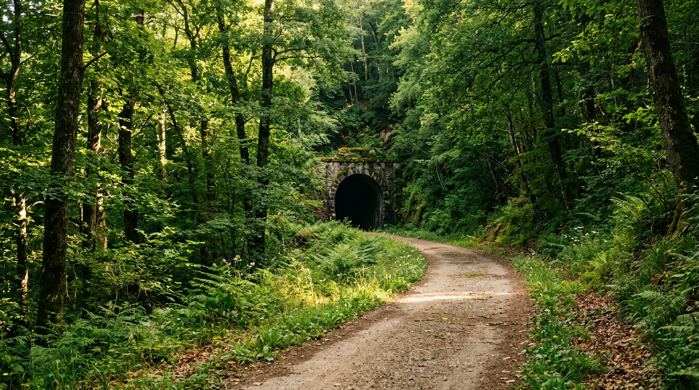 Antiguo túnel de ferrocarril cubierto de musgo al final de un sendero de vía verde que atraviesa un frondoso bosque en España.