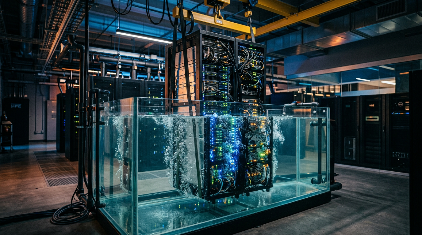 A high-tech server rack, glowing with internal lights, is submerged in a clear tank of specialized coolant fluid.