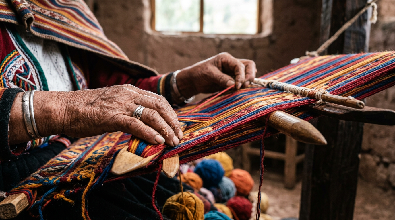 Manos de una mujer tejiendo intrincados patrones geométricos en un telar andino con hilos de lana de colores vivos.