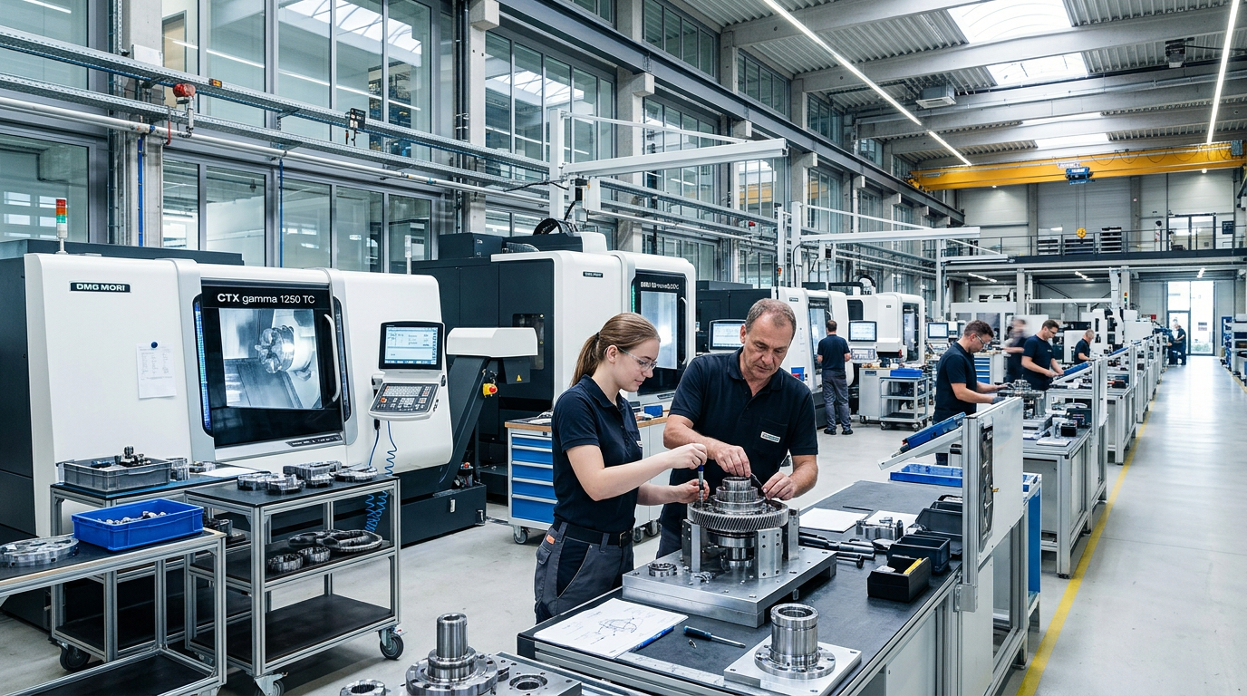 Innenansicht einer modernen deutschen Fabrikhalle mit präzisen Maschinen und Facharbeitern bei der Montage, die die hohe Qualität des deutschen Maschinenbaus symbolisiert.