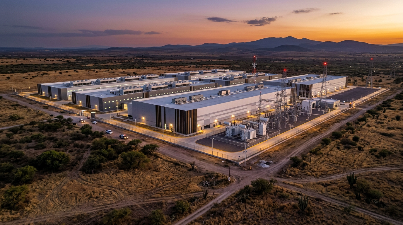 Complejo industrial de edificios bajos y grises de centros de datos bajo un cielo naranja, destacando la escala de la infraestructura digital en un paisaje rural.