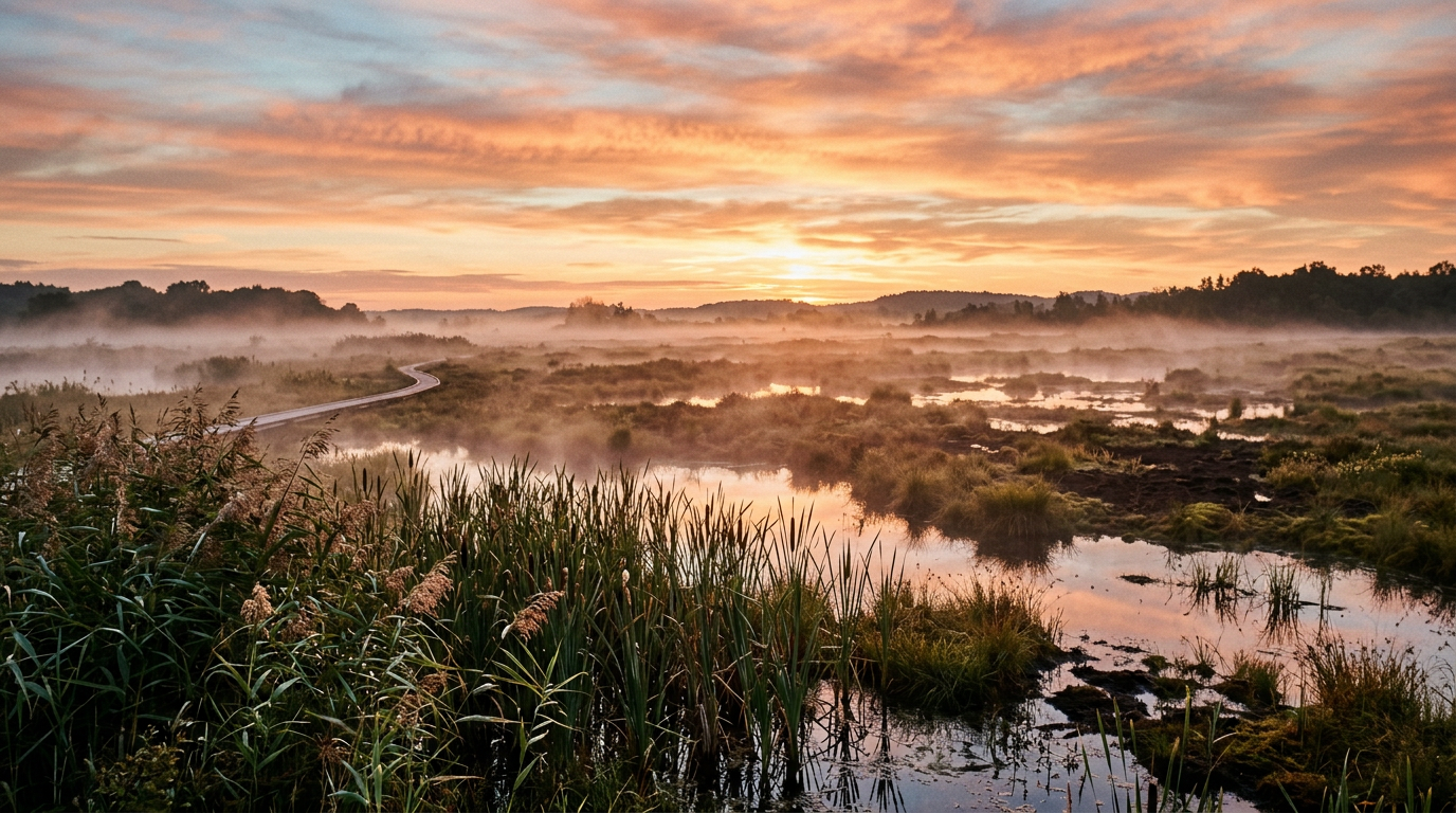 Eine neblige, wiederbewässerte Moorlandschaft bei Sonnenaufgang, in der das warme Licht des Himmels auf dem Wasser und den wachsenden Schilfpflanzen reflektiert wird.
