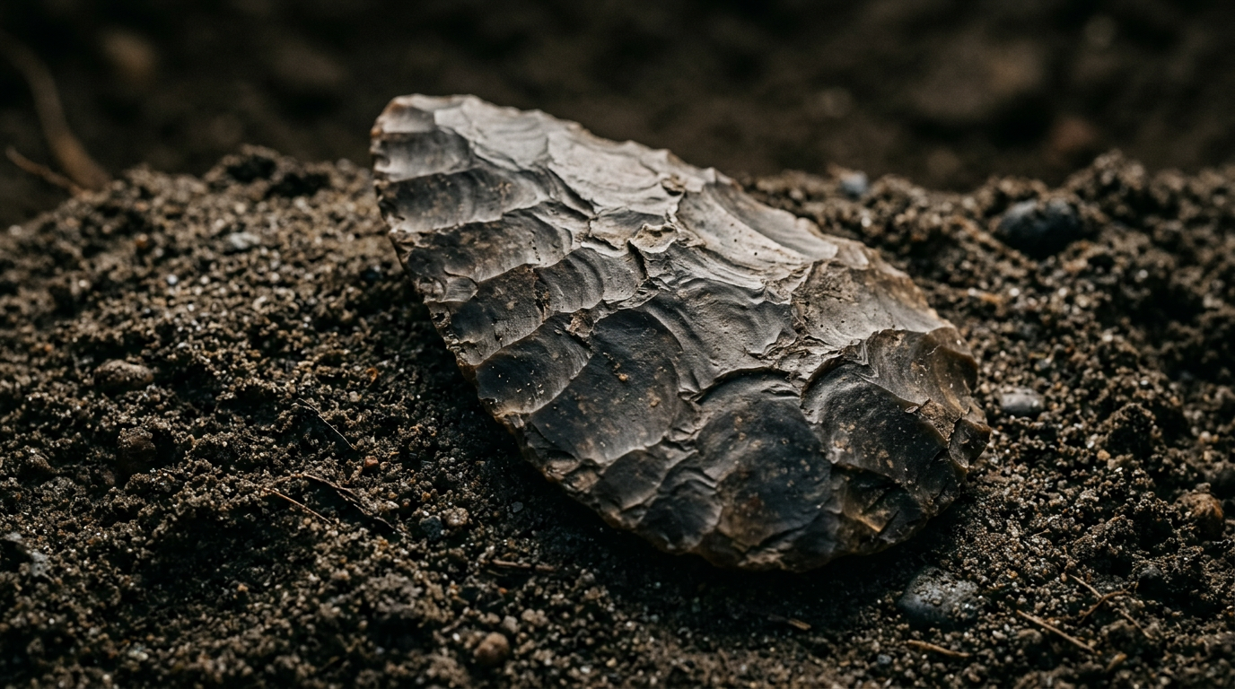 Una hacha de mano achelense de sílex, finamente tallada, yace sobre una superficie oscura, con sus bordes afilados y su textura detallada resaltados por la luz.