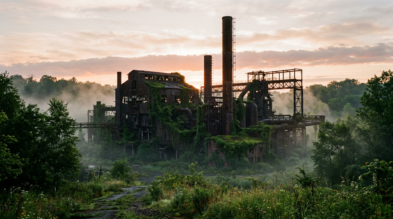 An abandoned brick factory with broken windows is covered in lush green vegetation under a misty morning sky, symbolizing nature's reclamation.