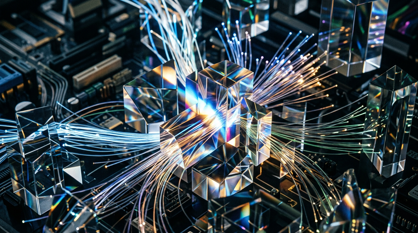 Intricate patterns of light and color filter through layers of glass, symbolizing the complex filtering and processing of digital data.