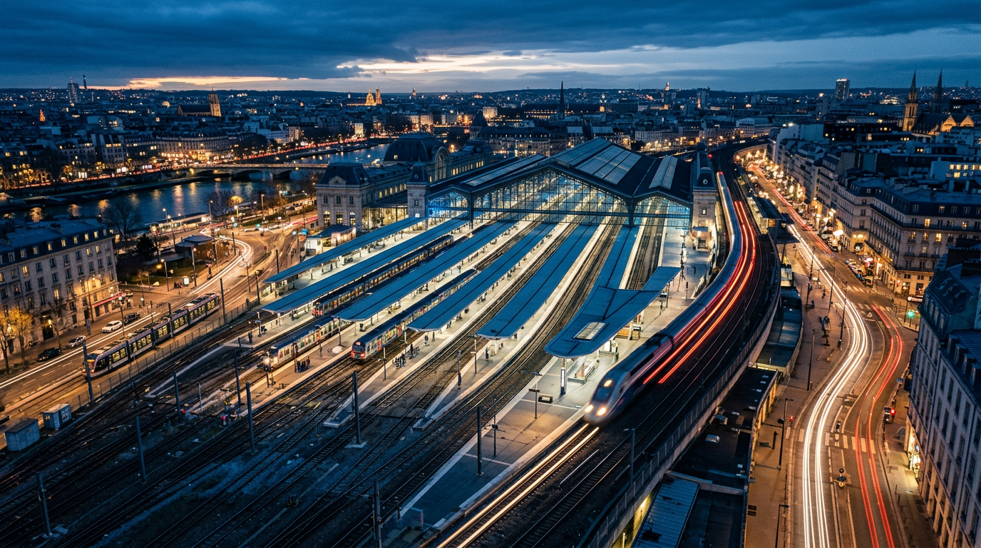 Un tren de alta velocidad moderno, desenfocado por el movimiento, entra en una estación de arquitectura futurista durante la noche.