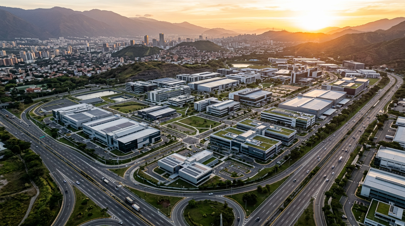 Un parque industrial moderno en América Latina desde el aire, simbolizando la oportunidad del nearshoring y la necesidad de infraestructura para apoyar el crecimiento económico.
