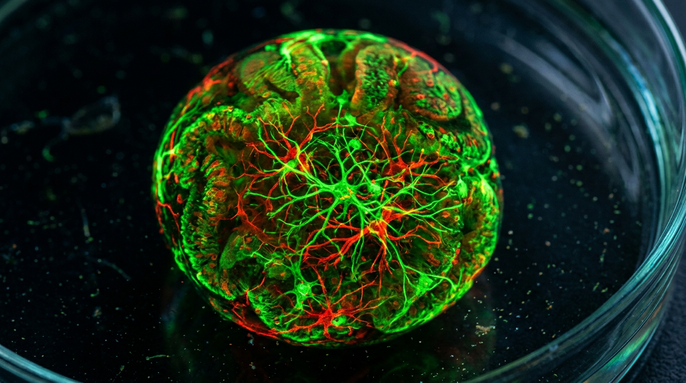 Un organoide cerebral esférico y brillante, teñido con colores fluorescentes verde y rojo, mostrando redes neuronales complejas dentro de una placa de Petri.