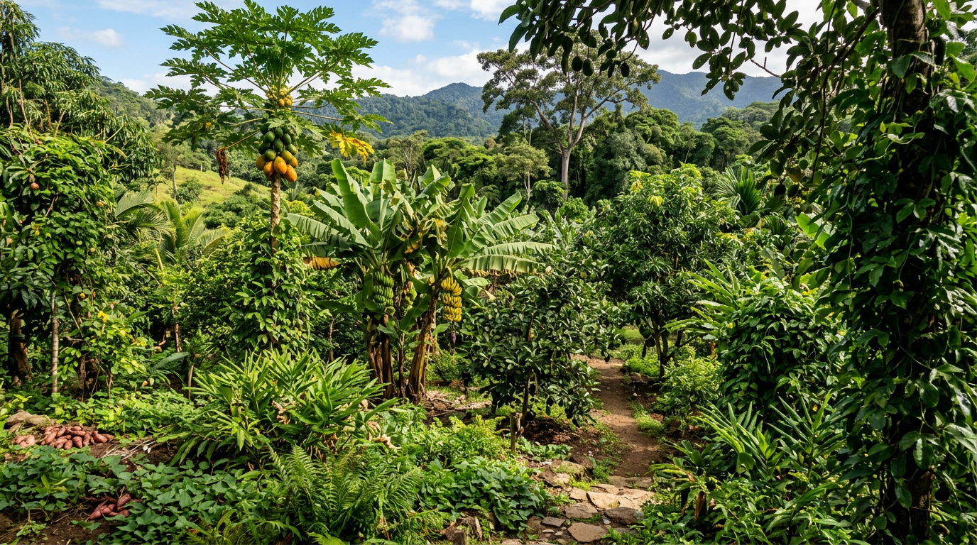 Vista panorámica de un exuberante bosque de alimentos tropical, con diversas capas de vegetación que incluyen árboles altos, arbustos frutales y plantas trepadoras.