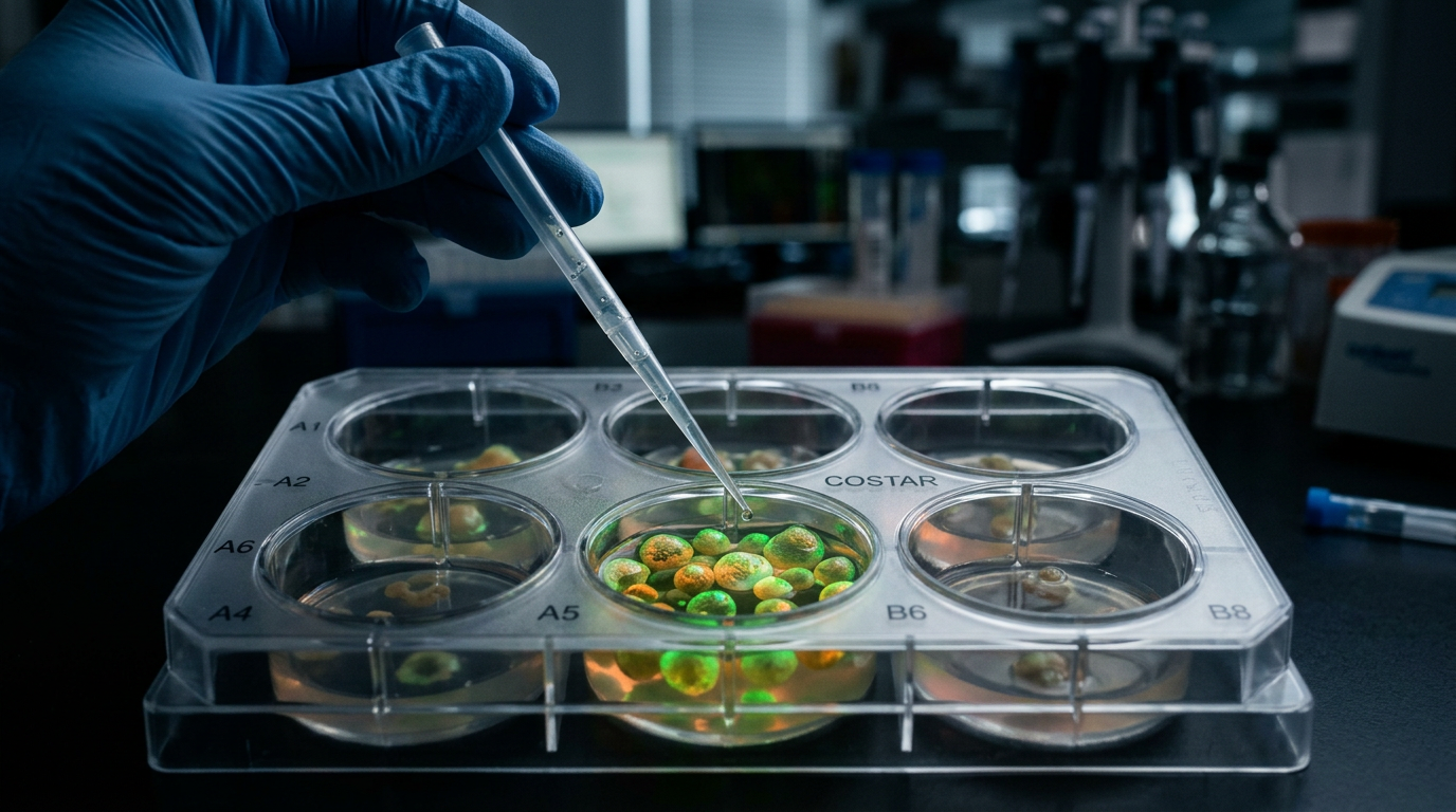 A scientist's gloved hand uses a pipette over a lab plate containing several translucent, spherical mini-organs known as organoids.