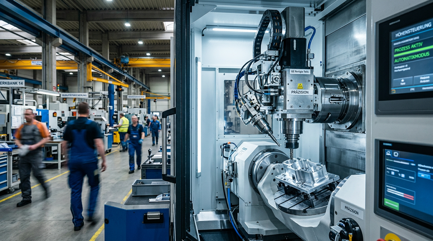 Eine moderne, silberfarbene Produktionsanlage in einer hell erleuchteten deutschen Fabrik, die die Präzision und Innovation des deutschen Mittelstands symbolisiert.