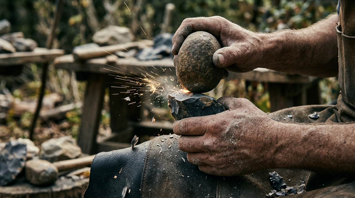 Les mains calleuses d'un artisan travaillant un fragment de silex, créant des éclats vifs et des étincelles sous l'impact d'un outil en pierre.