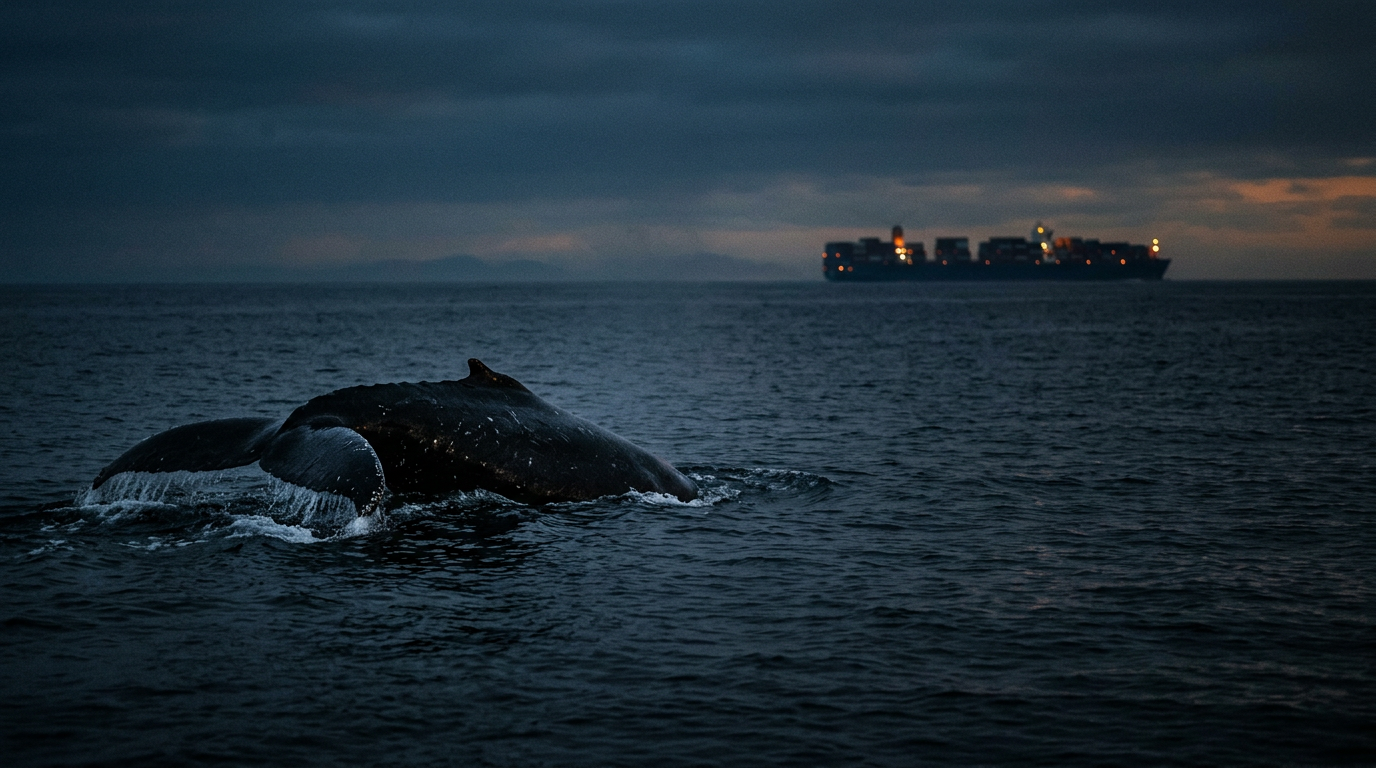 Une baleine à bosse à la surface d'un océan sombre, avec un porte-conteneurs au loin, illustrant l'impact de la pollution sonore marine.
