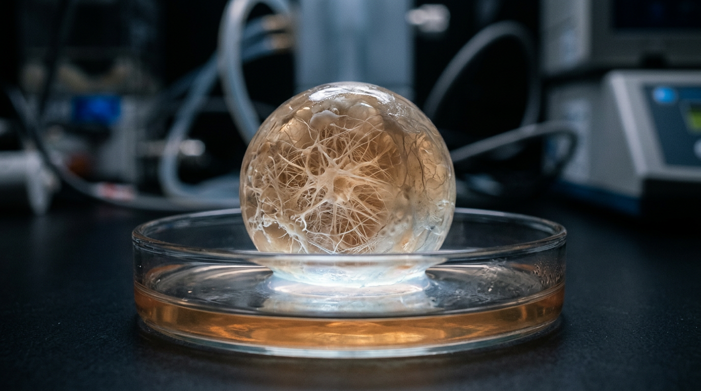 Un organoïde cérébral, petite sphère de tissu neuronal cultivée en laboratoire, flotte dans un liquide d'un rose pâle à l'intérieur d'une boîte de Pétri transparente.