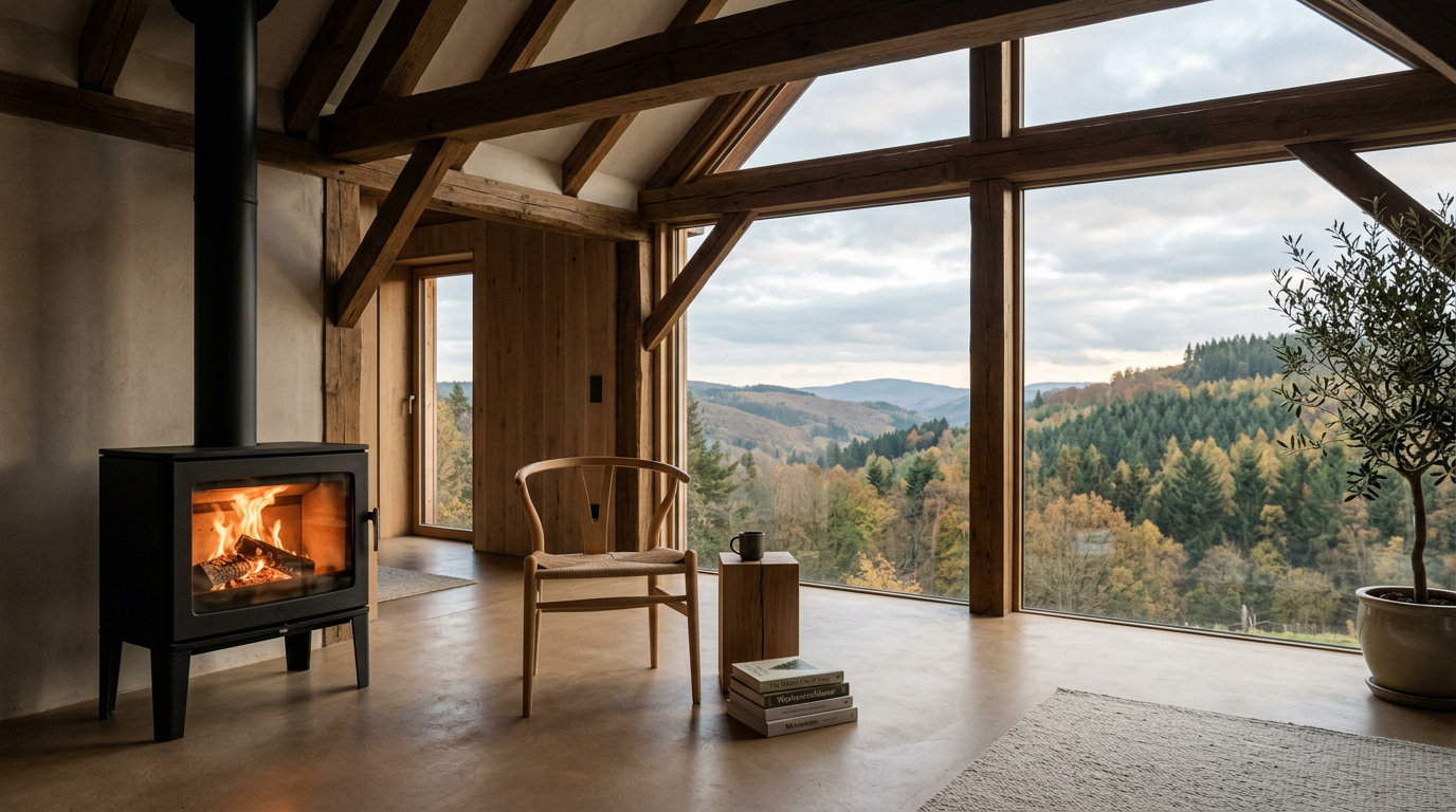 Heller, moderner Wohnraum, der traditionelle Holzelemente mit minimalistischem Design verbindet und einen weiten Blick in die Natur bietet.