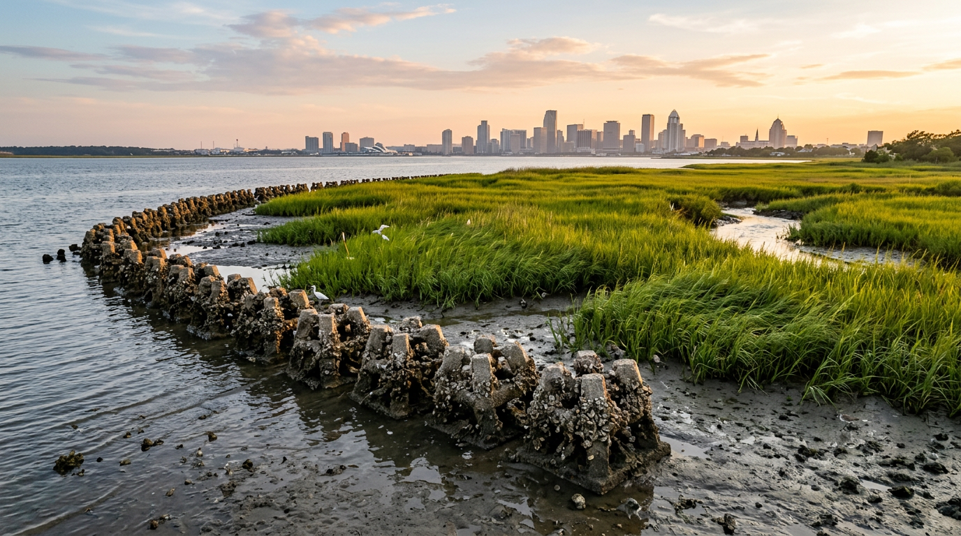A textured living shoreline with concrete reef structures and green marsh grass under a warm sky, protecting a distant cityscape.