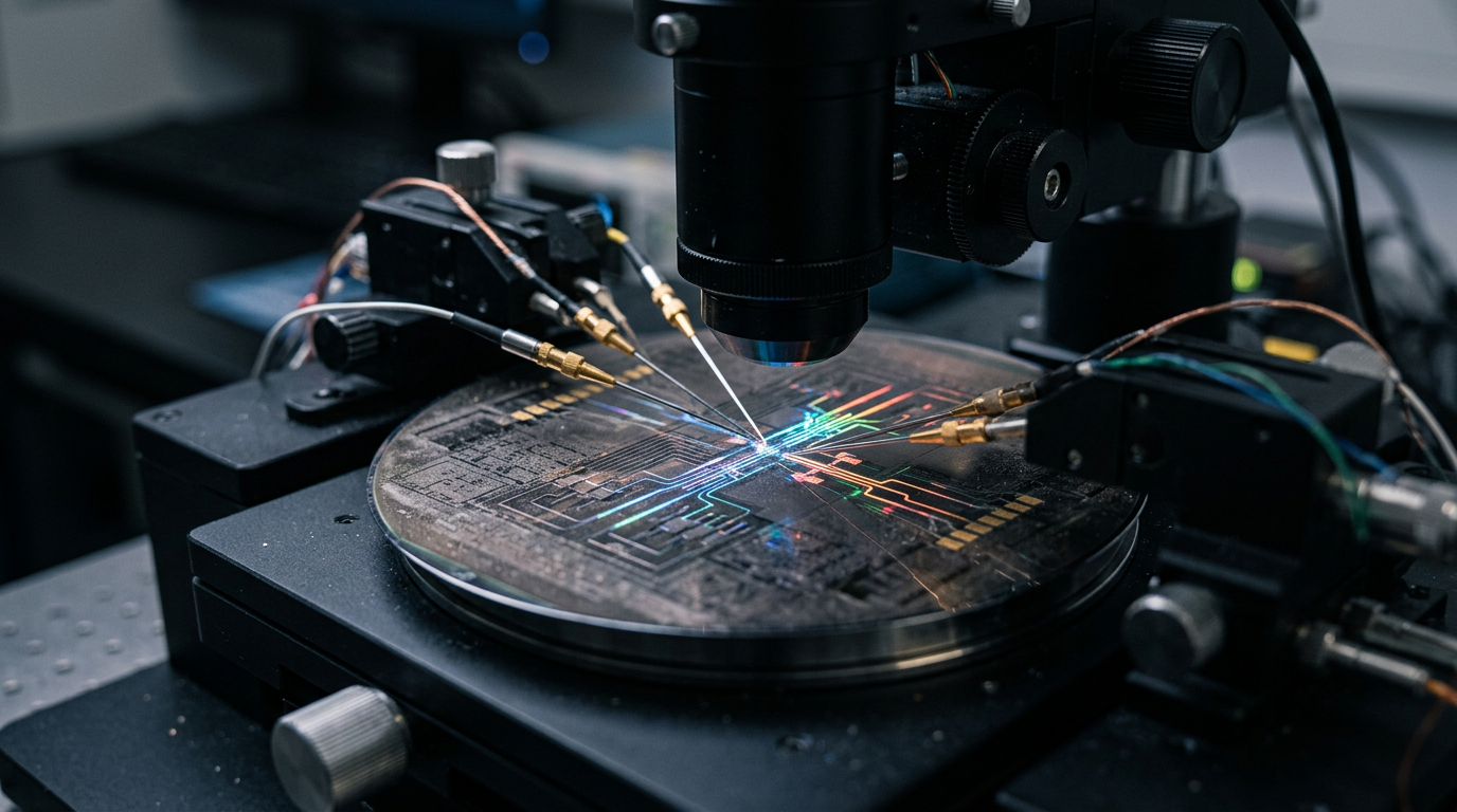 Nahaufnahme eines Silizium-Photonik-Wafers, auf dem komplexe, leuchtende Schaltkreise für die optische Datenverarbeitung sichtbar sind.