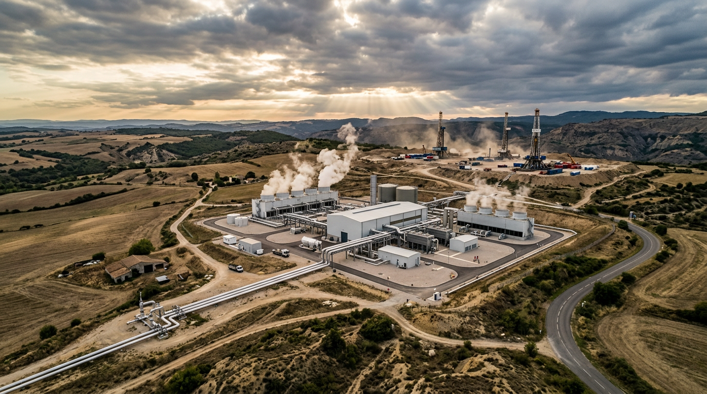 Vue aérienne d'une centrale géothermique moderne avec ses tours de refroidissement et une plateforme de forage, implantée dans un paysage rural et verdoyant.