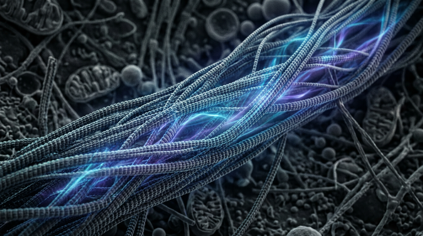 Eine mikroskopische Nahaufnahme des komplexen Netzwerks von Mikrotubuli in einem Neuron, das in einem subtilen, leuchtenden Glanz erstrahlt.