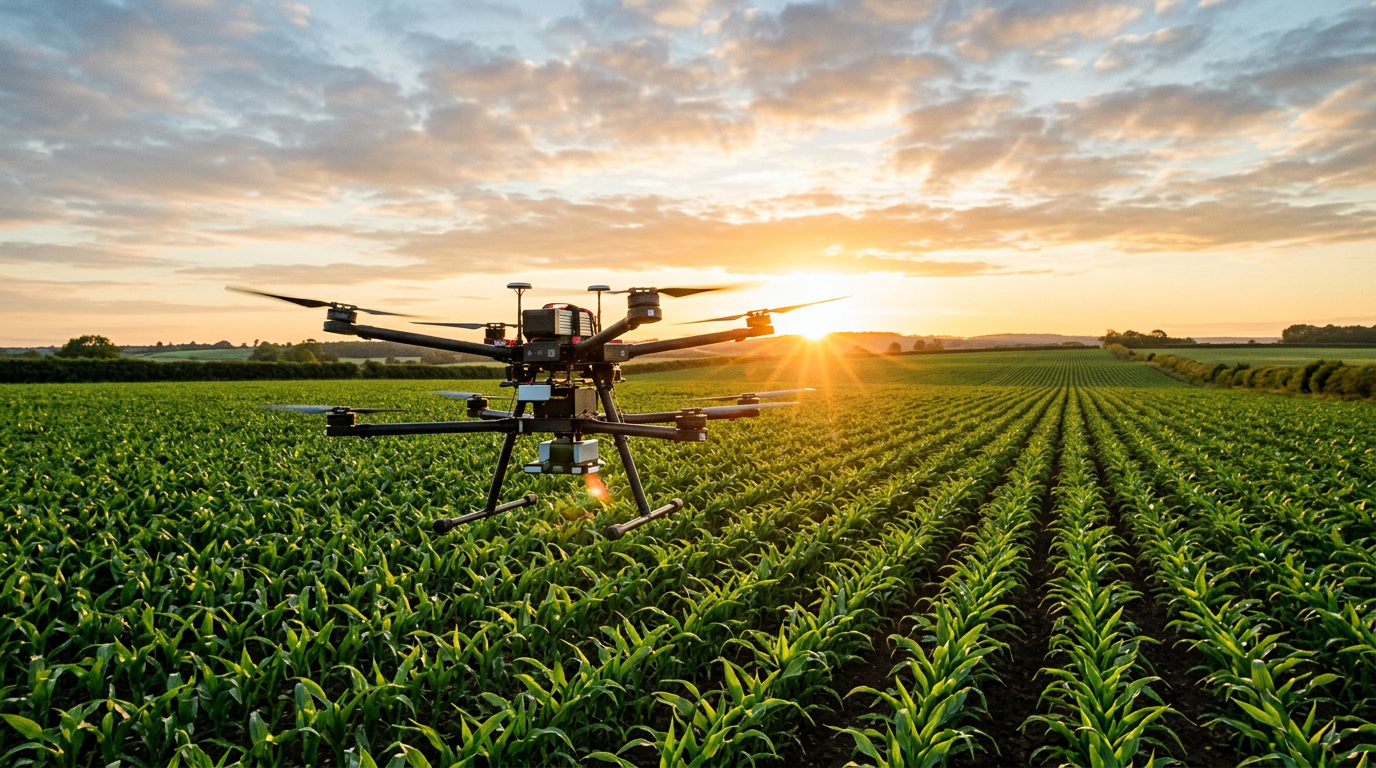 Un dron vuela a baja altura sobre un campo de maíz al amanecer, con el sol creando un destello en la lente.