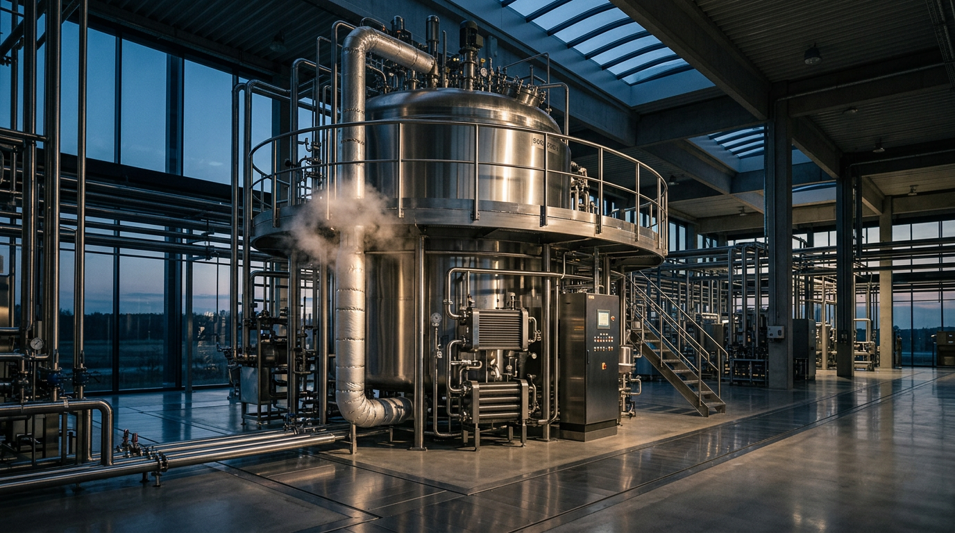 A large, sterile, stainless steel fermenter in a brightly lit industrial food technology facility, representing the future of protein production.