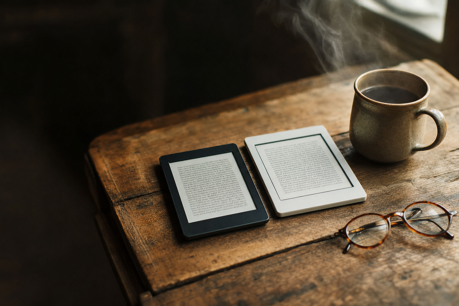 Comparativa Kindle vs Kobo, donde un modelo Kindle Paperwhite y un Kobo Libra 2 aparecen uno junto al otro mostrando sus pantallas de inicio sobre una mesa.