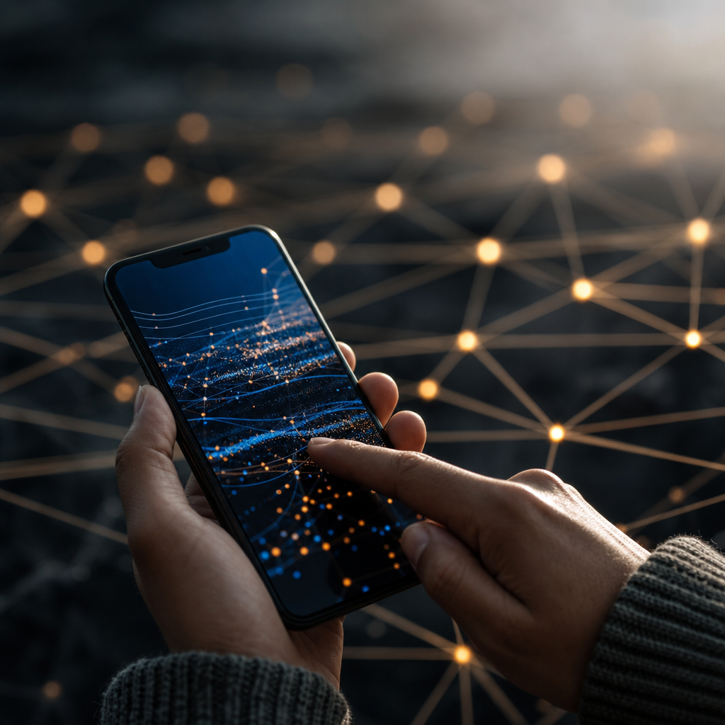 Uno smartphone che mostra grafici di dati, a simboleggiare l'apprendimento federato che avviene direttamente sul dispositivo per proteggere la privacy dell'utente.