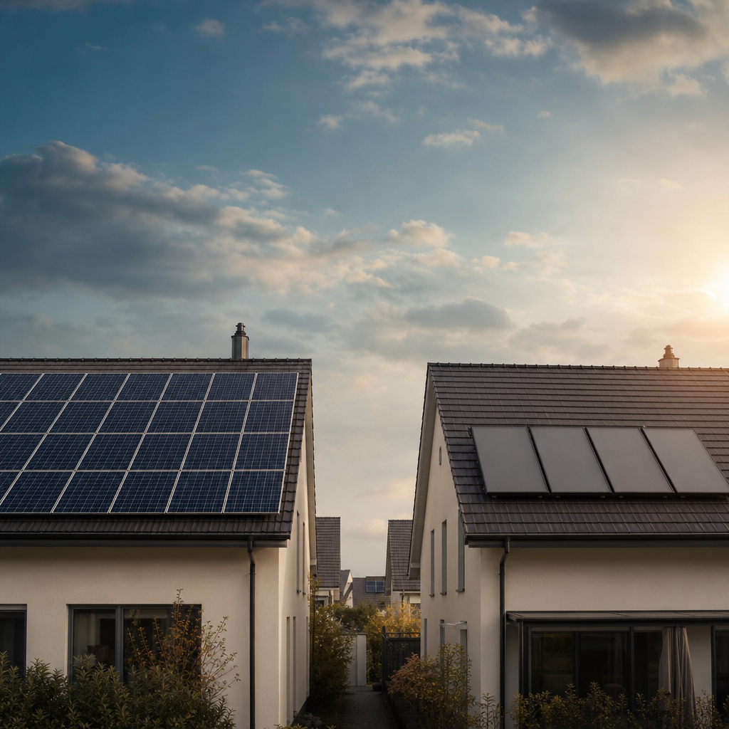 Ein Hausdach geteilt in zwei Hälften: links mit Photovoltaik-Modulen zur Stromerzeugung, rechts mit Solarthermie-Kollektoren zur Wärmegewinnung; ein direkter visueller Vergleich von Photovoltaik vs. Solarthermie.