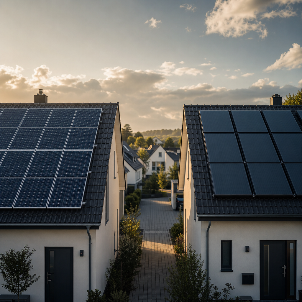 Ein Hausdach geteilt in zwei Hälften: links mit Photovoltaik-Modulen zur Stromerzeugung, rechts mit Solarthermie-Kollektoren zur Wärmegewinnung; ein direkter visueller Vergleich von Photovoltaik vs. Solarthermie.