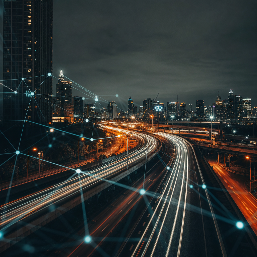 Una imagen abstracta que ilustra los usos de la inteligencia artificial en la vida diaria, con estelas de luz de una ciudad nocturna y redes neuronales superpuestas.