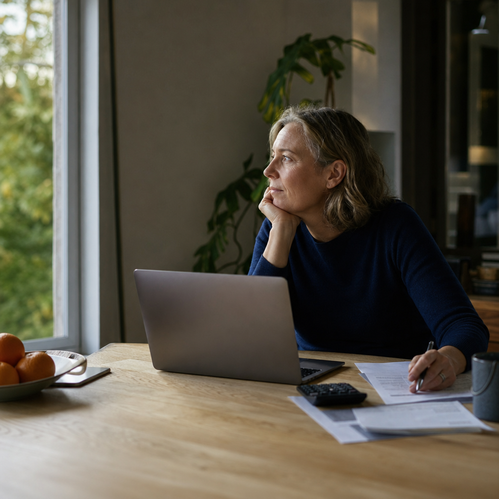 Een persoon die de jaarruimte voor pensioenopbouw berekent aan een tafel met een laptop, een rekenmachine en financiële documenten.