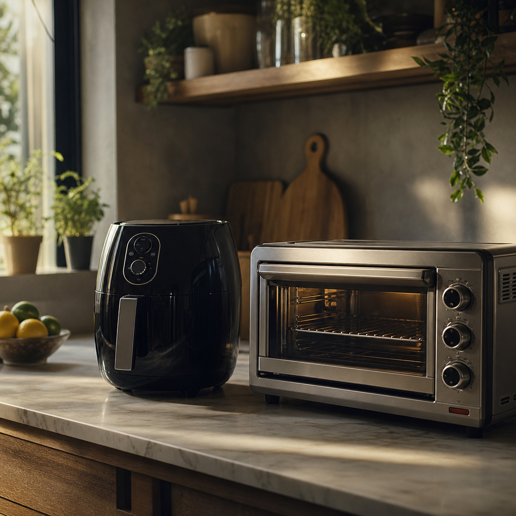 Comparação visual de uma air fryer preta e um forno elétrico de bancada prateado, representando a escolha entre air fryer vs. forno elétrico numa cozinha contemporânea.