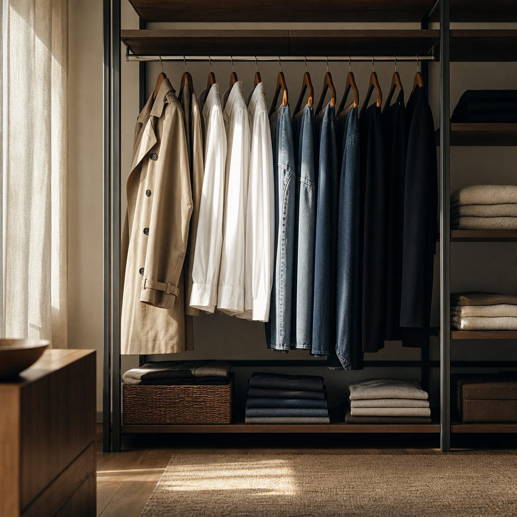 Eine gut organisierte Capsule Wardrobe mit neutraler Kleidung, die ordentlich in einem offenen Kleiderschrank hängt und gefaltet ist.