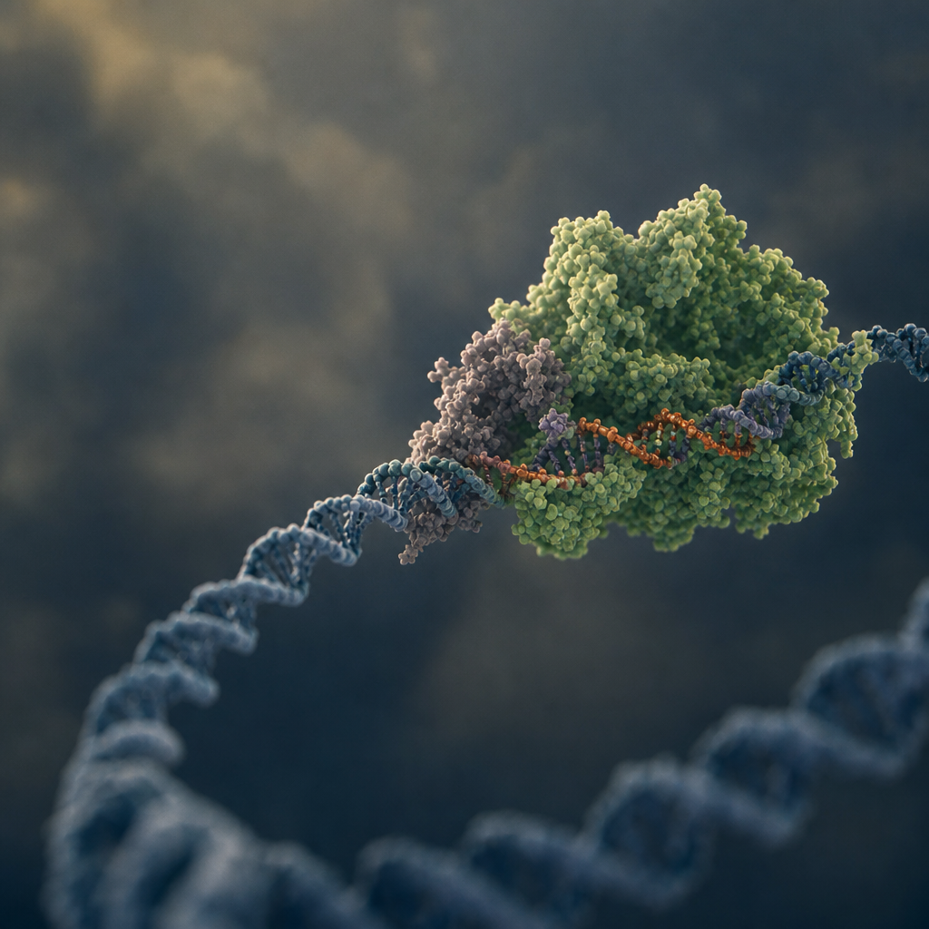 CRISPR-Cas9 단백질 복합체가 DNA 나선 구조의 특정 부분을 정밀하게 절단하는 모습을 묘사한 과학적 일러스트레이션