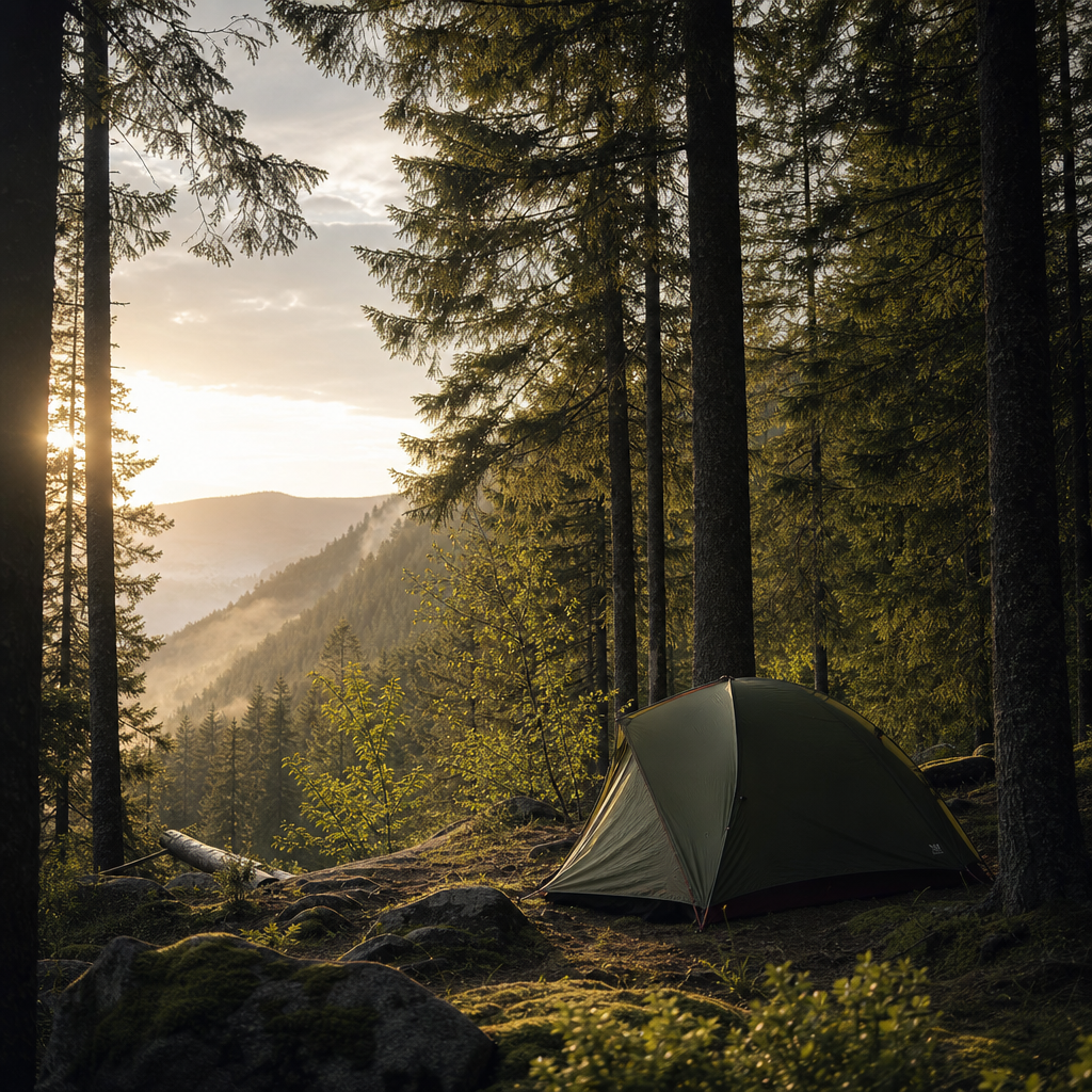 Ein Zelt an einem legalen Platz zum Wildcampen in Deutschland, umgeben von Bäumen im warmen Morgenlicht.