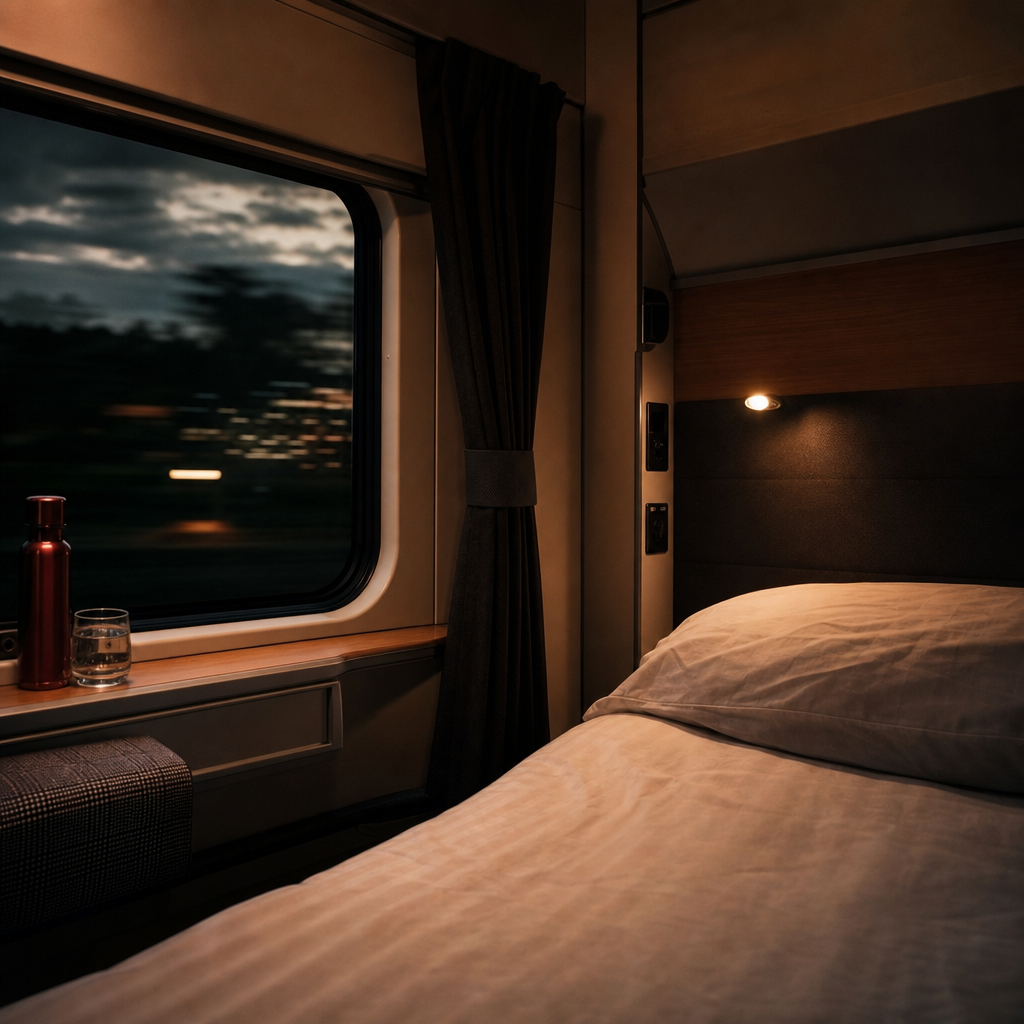 Een comfortabel opgemaakt bed in een privé-slaapcoupé van een moderne nachttrein, een efficiënte manier van reizen.