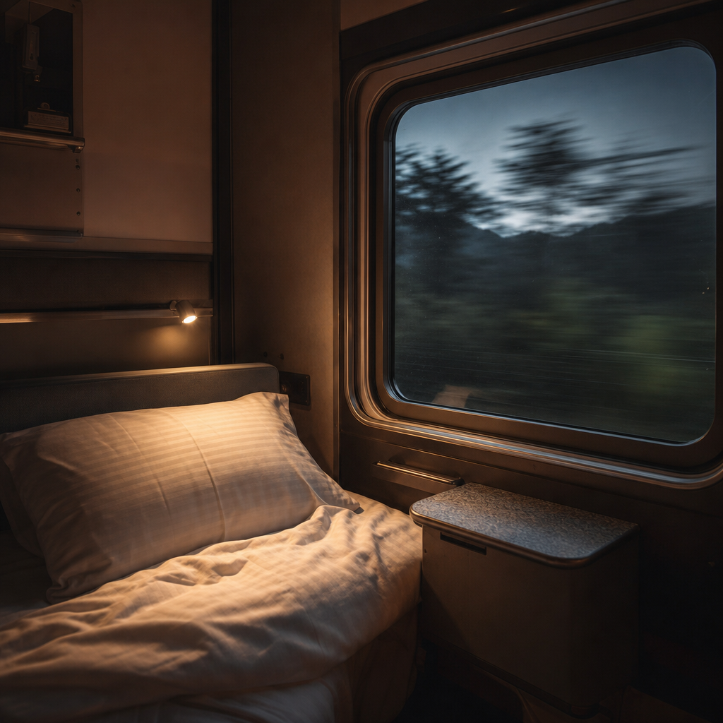 Een comfortabel opgemaakt bed in een privé-slaapcoupé van een moderne nachttrein, een efficiënte manier van reizen.