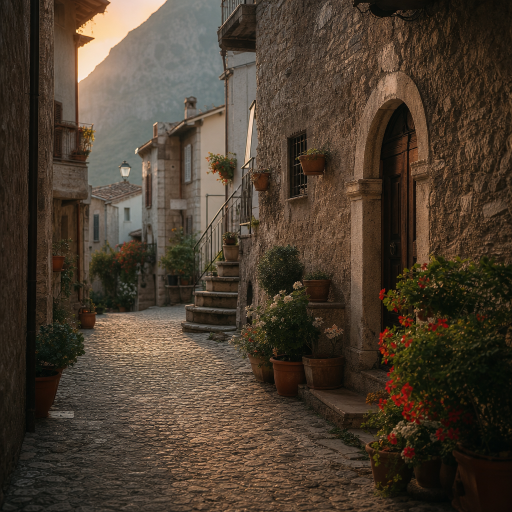 Una stradina silenziosa tra le case in pietra di uno dei borghi segreti d'Italia, con fiori ai balconi e una luce calda del tramonto.