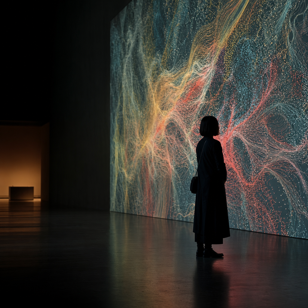 Une projection murale d'une œuvre d'art génératif complexe et colorée dans une galerie, observée par un visiteur.