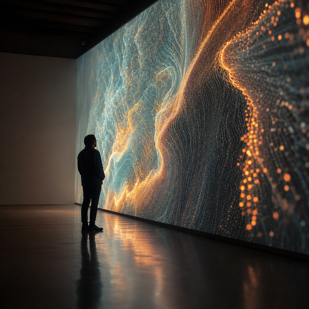 Une projection murale d'une œuvre d'art génératif complexe et colorée dans une galerie, observée par un visiteur.