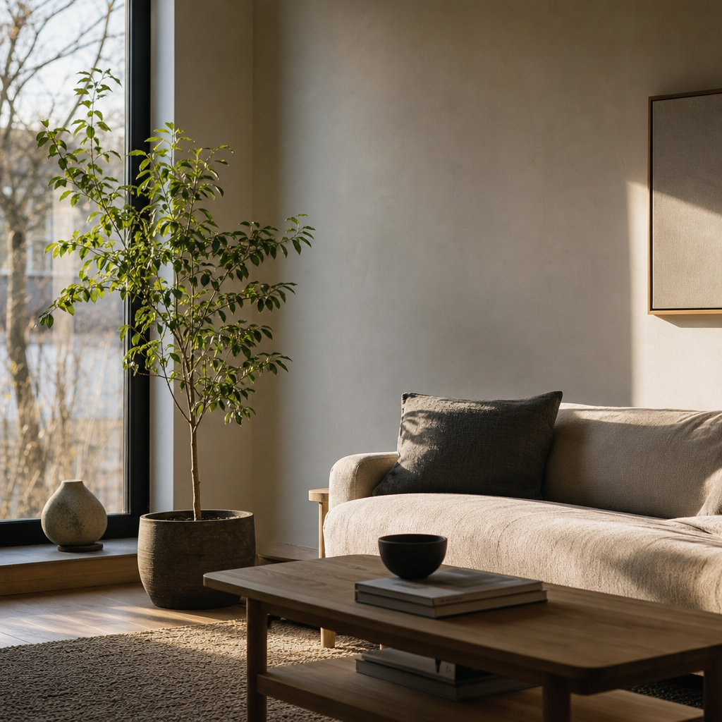 Interior de una sala de estar serena que ejemplifica el minimalismo, con muebles sencillos, mucha luz natural y una decoración despejada.