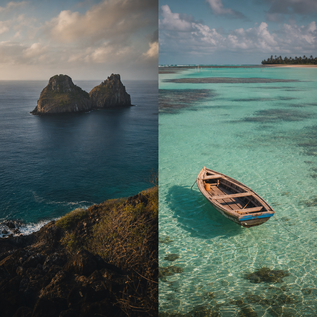 Uma comparação visual entre Fernando de Noronha, com as suas formações rochosas dramáticas, e Maragogi, com as suas águas calmas e claras, ilustrando a escolha entre os dois destinos.