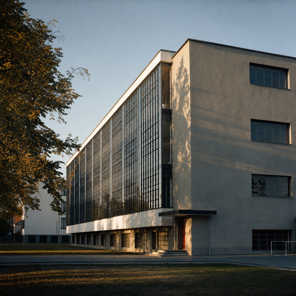 Das Bauhaus-Gebäude in Dessau, ein Paradebeispiel für den Bauhaus-Stil mit seiner geometrischen Form und seiner Glasfassade.