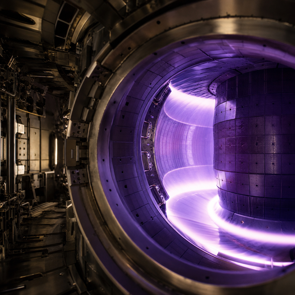 Illustrazione degli interni di un reattore a fusione nucleare, che mostra un anello di plasma luminoso al centro di una struttura metallica tecnologica.