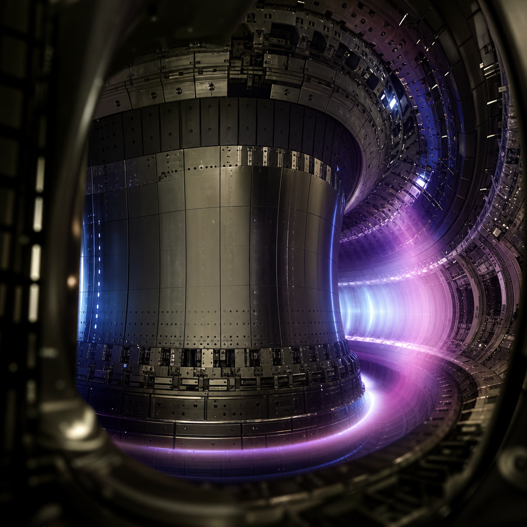 Illustrazione degli interni di un reattore a fusione nucleare, che mostra un anello di plasma luminoso al centro di una struttura metallica tecnologica.