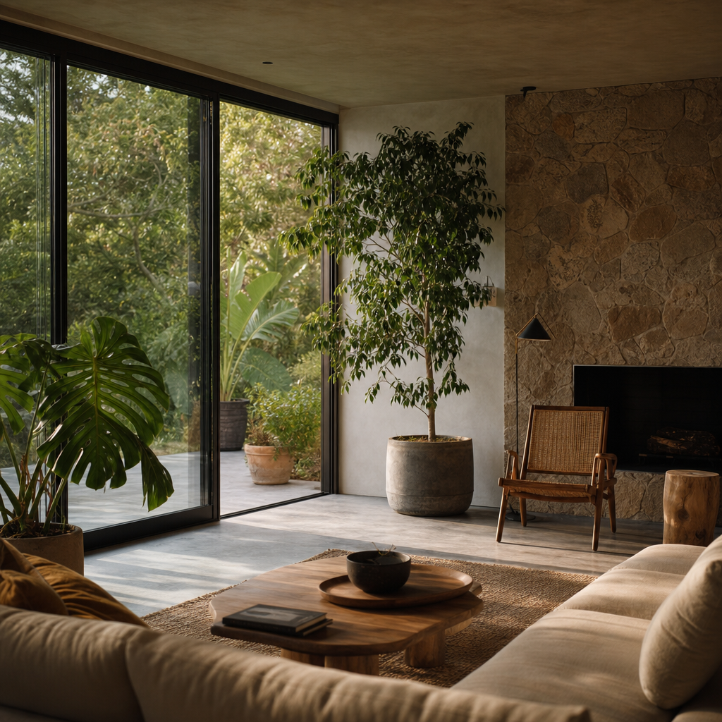 Un salon spacieux appliquant le design biophilique, avec de nombreuses plantes luxuriantes, des matériaux en bois naturel et une abondance de lumière du jour.