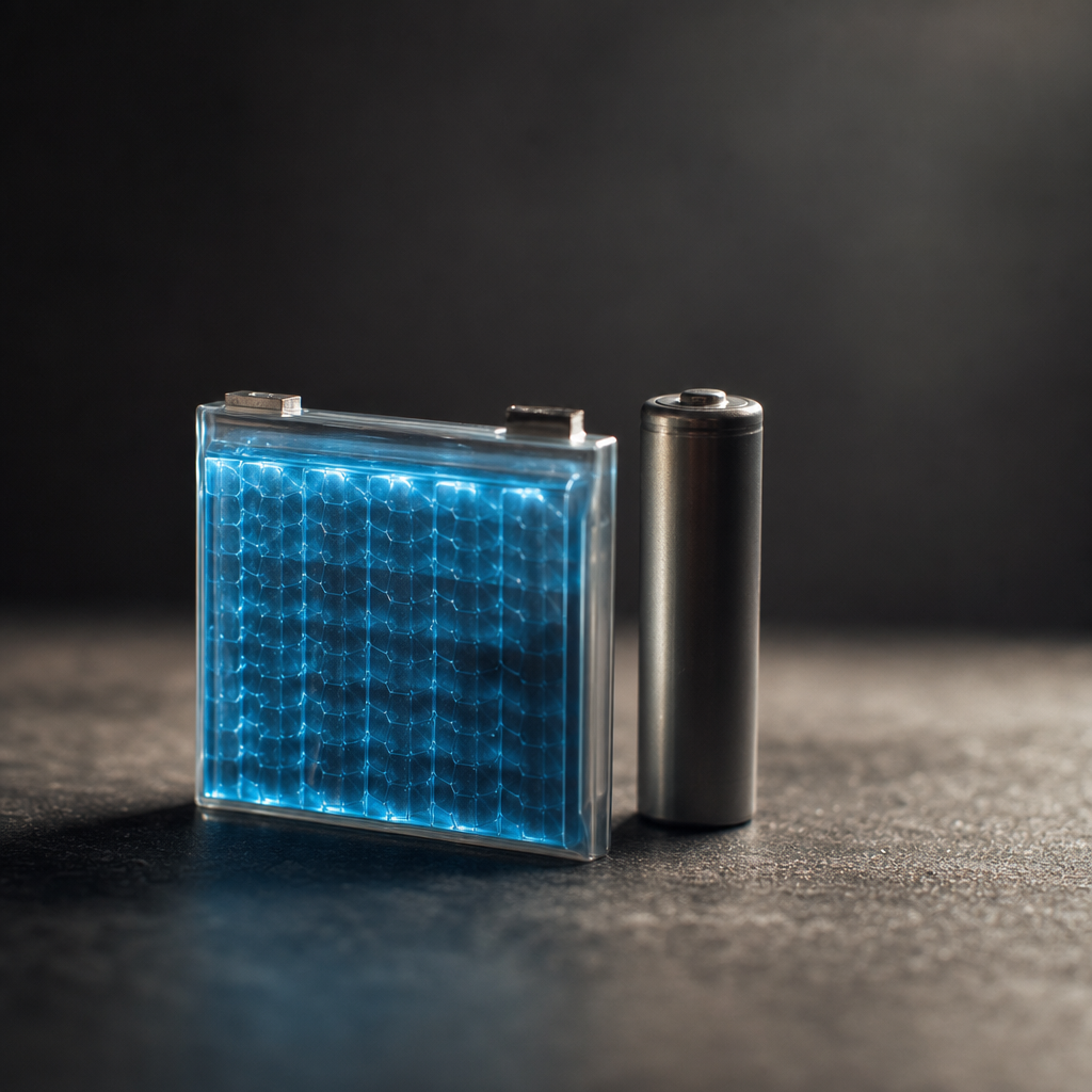 A conceptual image comparing the design of next-generation solid-state vs conventional lithium-ion batteries, illustrating the future of energy storage technology.
