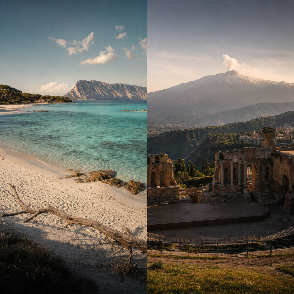 Confronto tra Sardegna o Sicilia: a sinistra una spiaggia sarda con acqua cristallina e a destra il teatro greco di Taormina in Sicilia.