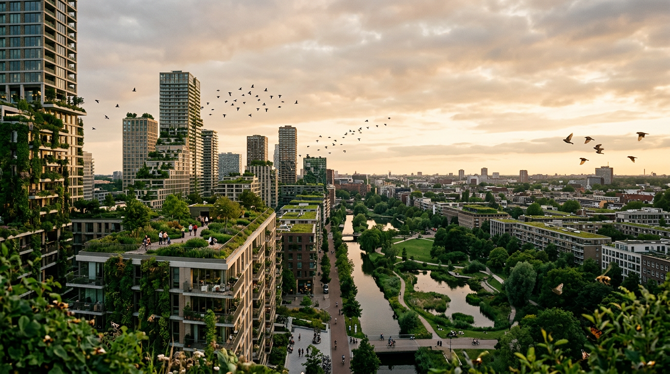Stedelijk landschap met groene daken, verticale tuinen en stadsparken, symboliseert biodiversiteitsverbetering.