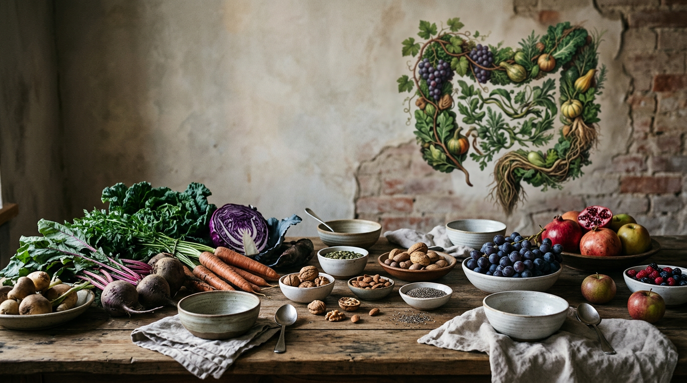 Mesa com uma variedade de alimentos frescos à base de plantas e um intestino estilizado ao fundo.